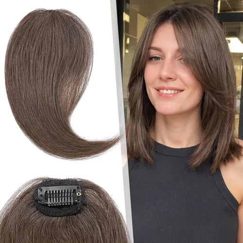 Vista 10 de Hairro Extensiones de flequillo lateral ondulado con clip, 100% cabello humano, 2 piezas con clip en la parte media, flequillo francés, lados