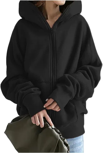 Vista 8 de DOLKFU Sudaderas con capucha de manga larga con cremallera para mujer, color liso, cómodas, holgadas, informales, para otoño