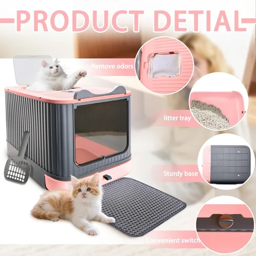 Vista 3 de Caja de arena para gatos con tapete de arena, caja de arena grande de 17"x14"x13" para gatos grandes, cajas de arena cerradas extraíbles, caja