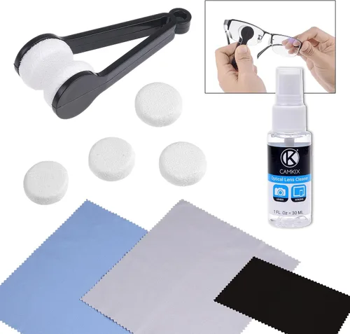 Vista 7 de Kit de limpieza para lentes/gafas de sol - Herramienta de limpieza de lentes con 2 juegos de almohadillas de repuesto, botella de spray de limpieza