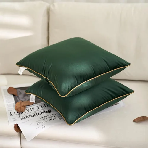 Vista 2 de Aeckself Paquete de 2 fundas de almohada de terciopelo verde de 18 x 18 pulgadas, fundas de almohada decorativas de lujo modernas con borde dorado