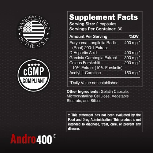 Vista 5 de Andro400 UltraMax T - Soporte avanzado de testosterona para hombres y mujeres - Tongkat Ali 200: 1, ácido D-aspártico, Garcinia Cambogia, ForsLean®