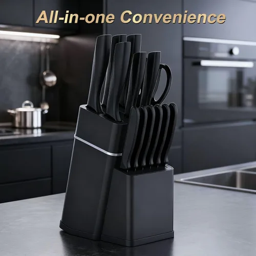 Vista 8 de Juego de cuchillos de cocina con bloque, juego de cuchillos de 15 piezas con afilador integrado, apto para lavavajillas, cuchillas de acero