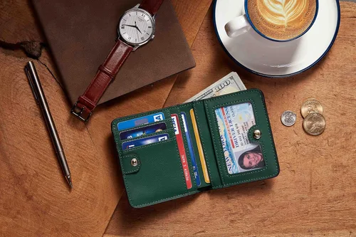 Vista 6 de Gostwo - Cartera compacta de piel genuina de lujo para mujer con bloqueo de RFID y ventana de identificación