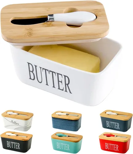 Vista 14 de Hasense Mantequillera de porcelana con tapa de bambú – Mantequera cubierta con cuchillo de mantequilla para encimera, recipiente hermético
