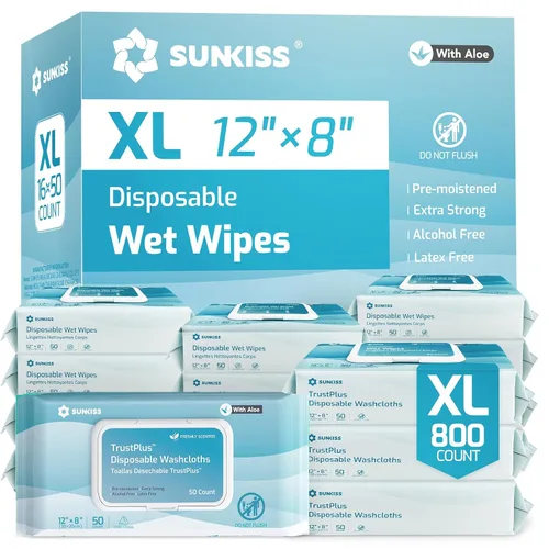 Vista 12 de SUNKISS Trustplus - Toallitas húmedas para adultos, sin enjuague, extra grandes de 8 x 12 pulgadas, paños de limpieza corporal para incontinencia