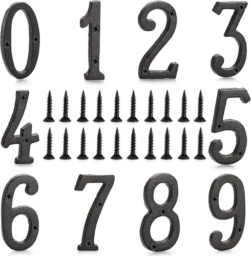 Vista 2 de JUXYES Juego de 10 números de casa de hierro fundido de 3.14 pulgadas con clavos rústicos en números de dirección de casa con tornillos a juego