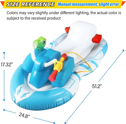Vista 3 de Flotadores de piscina con forma de moto acuática para niños pequeños con pistola de agua y pistola de burbujas, barco inflable para niños de 6 a 12