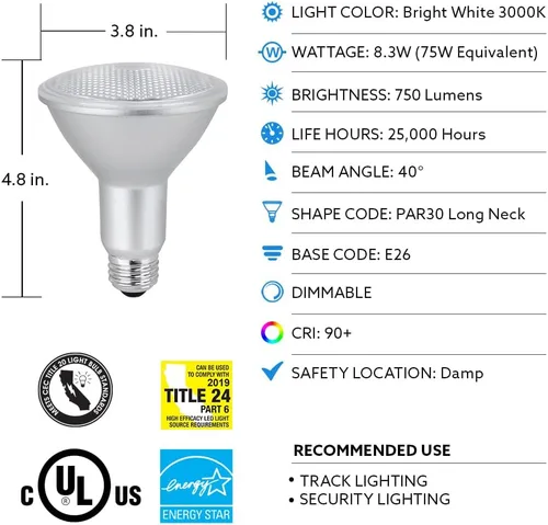 Vista 3 de Feit Electric Bombilla LED PAR30L, equivalente a 75 W, regulable, blanco cálido de 3000 K, 750 lúmenes, vida útil de 22 años, base E26, luces