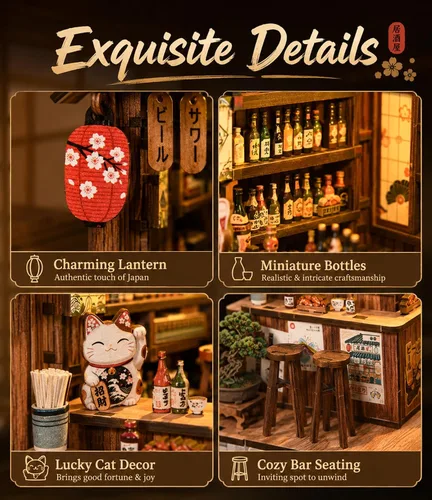 Vista 4 de Kit de rincón de libros, casa en miniatura con luces LED, rompecabezas de madera 3D para adultos, kit de construcción de casa de muñecas, regalo
