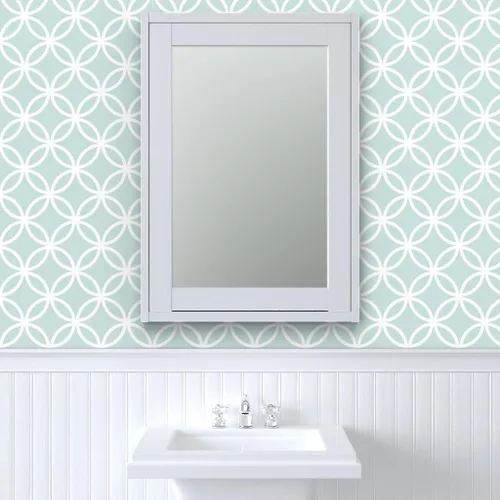 Vista 9 de Muestras de papel tapiz removibles – Cerclattice White Circles Winter Lattice Baby Boy Quatrefoil Papel pintado personalizado pre-pegado por