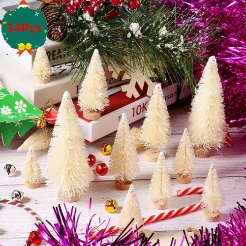 Vista 7 de 14 mini árboles de sisal con base de madera, árboles de pino de Navidad artificiales, adornos para nieve de invierno, escenas en miniatura