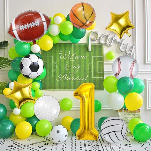 Vista 7 de 9 globos deportivos, fútbol, baloncesto, béisbol, voleibol, golf y fútbol, globo de aluminio de Mylar con número de cumpleaños deportivo