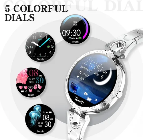 Vista 4 de findtime Reloj inteligente plateado para mujer, pulsera inteligente con diamantes de acero inoxidable, elegante rastreador de fitness, podómetro
