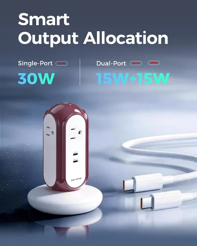 Vista 3 de MiaoLab Torre de regleta de alimentación con 2 puertos USB-C (carga rápida de 30 W), protector de sobretensiones 1420J, 4 salidas de CA, cable