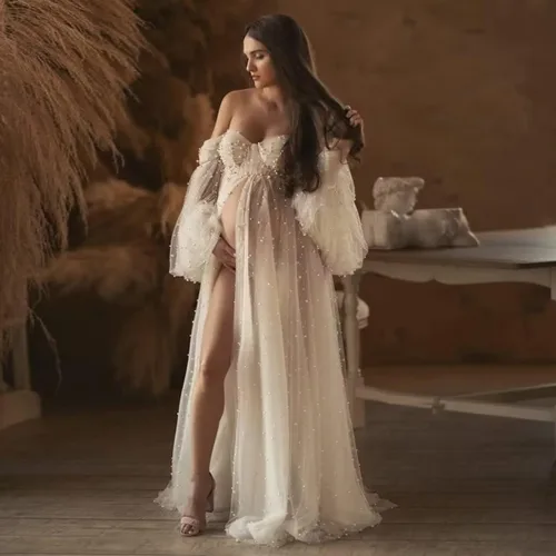 Vista 2 de yinyyinhs Vestido de maternidad de tul perla para sesión de fotos, manga larga hinchada y hombros descubiertos, vestido de maternidad para baby