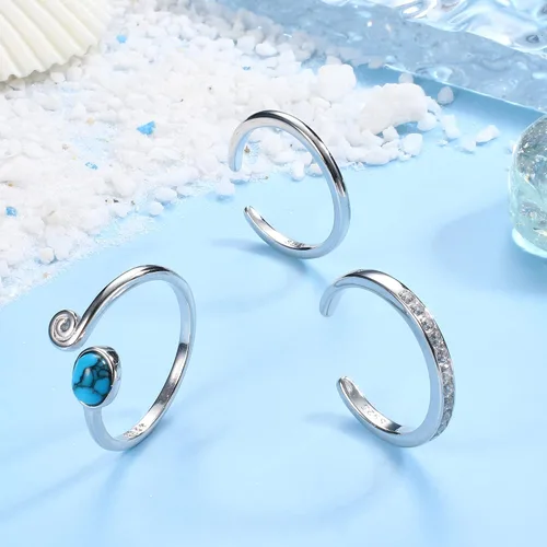 Vista 4 de Florideco Juego de 3 anillos de plata de ley S925 para mujer, con puntera abierta, ajuste cómodo, ajustable, nudo celta, turquesa, dedo del pie