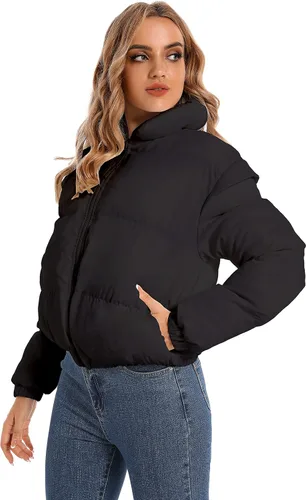 Vista 2 de Chaqueta acolchada corta de invierno para mujer con bolsillos con cremallera, manga larga, cálida y acolchada