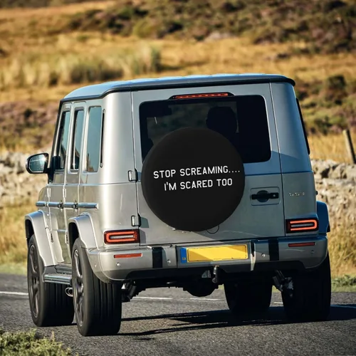 Vista 6 de Stop Screaming I'm Scared Too - Fundas para ruedas impermeables universales para neumáticos de repuesto para remolque, SUV, RV, automóvil, camión