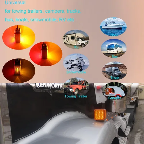 Vista 7 de 2 luces de guardabarros con pedestal de doble cara ámbar/roja con montaje de perno, 52 luces LED cuadradas para semirremolques, Peterbilt Kenworth