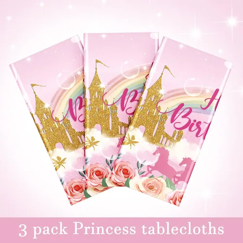 Vista 4 de Oudain Paquete de 3 manteles de plástico desechables para fiesta de princesa, manteles de plástico desechables con diseño de princesa, manteles