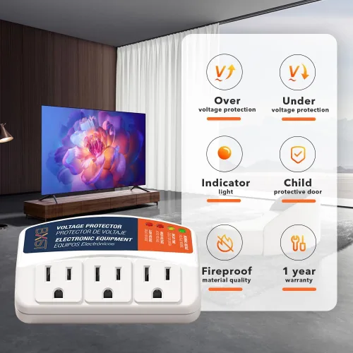 Vista 6 de BXST Protector contra sobretensiones para refrigerador, regleta de alimentación de 3 salidas para electrodomésticos 30S, protector de voltaje