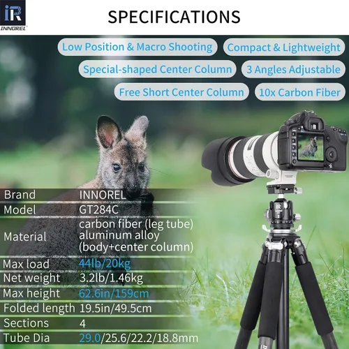 Vista 2 de Trípode de Fibra de Carbono-INNOREL GT284C Trípode Profesional Compacto Portátil para Cámara Digital DSLR Soporte de Cámara de Alta Resistencia