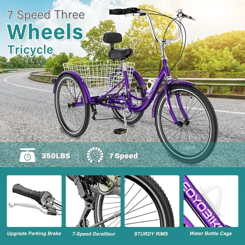 Vista 3 de MOPHOTO Triciclos para adultos, tres ruedas, bicicleta de crucero de 7 velocidades, triciclos para adultos de 20/24/26 pulgadas, ruedas bajas