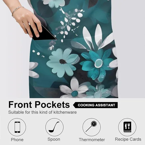 Vista 5 de MUSM Teal Grey And White Floral Apron，Classic Vintage Funny with Pockets Aprons,Adjustable Bib Waterdrop Resistant for Kitchen Cooking Restaurant