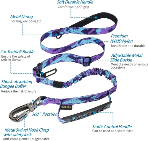 Vista 2 de Hotsky Correa táctica para perro resistente para perros medianos y grandes que tiran, 4-6 pies, resistente correa elástica para perro que absorbe