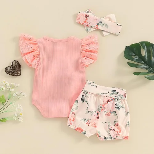 Vista 7 de Ropa de verano para bebé niña, traje de recién nacido, mameluco acanalado, mameluco floral, pantalones cortos con diadema para recién nacida