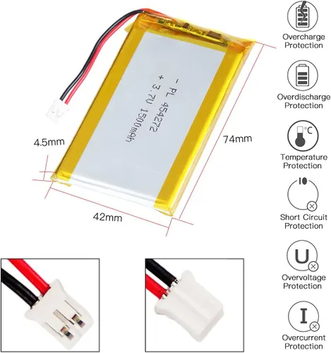 Vista 2 de 3.7V 1500mAh 454272 batería de iones de polímero de litio batería recargable Lipo con conector de paso de pH 0.079 in