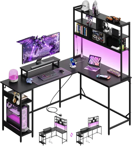 Vista 17 de DEVAISE Escritorio para juegos en forma de L de 48 pulgadas con cajones y almacenamiento, escritorio de esquina con luces LED, tomas de corriente