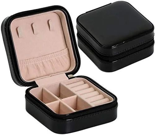 Vista 2 de Joyero pequeño de piel sintética, estuche portátil de viaje para anillos, colgantes, aretes, collares, organizador de pulseras, cajas