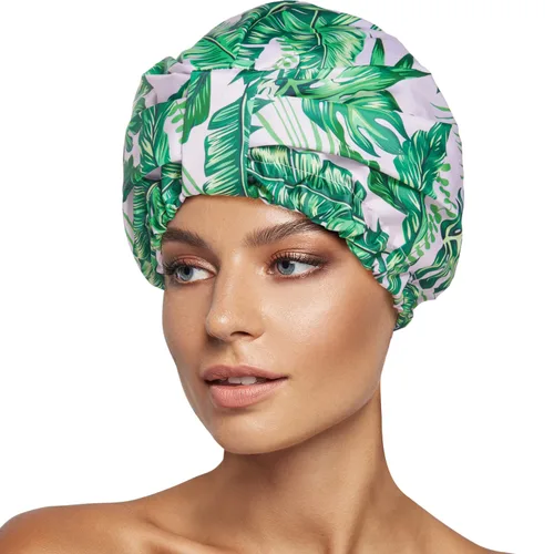 Vista 9 de Gorro de ducha de lujo para mujeres, reutilizable, impermeable, gorro de ducha de doble capa con correa elástica ajustable, gorro de baño grande