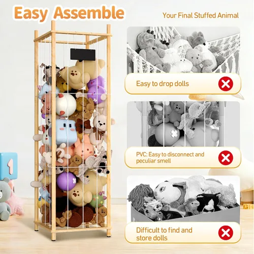 Vista 7 de Almacenamiento y organizador de animales de peluche, soporte de zoológico de madera gruesa, jaula de juguetes de felpa de capacidad extra grande
