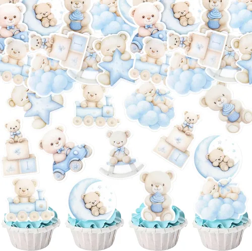 Vista 16 de 24 piezas de decoración para cupcakes con temática de "We Can Bearly Wait" Oso de globos brillantes, decoración temática de revelación de género