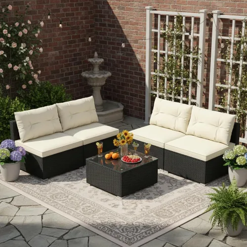 Vista 20 de Tangkula Juego de 2 sofás de mimbre para exteriores, sin brazos, juego de sofá modular de ratán para patio con 2 cojines de asiento gruesos y 2