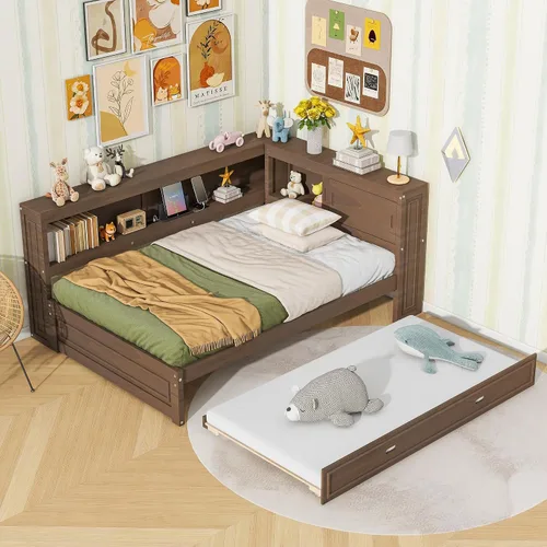 Vista 8 de SOFTSEA Sofá cama esquinera de tamaño matrimonial con nido y estantería, sofá cama en forma de L con luces LED y puertos USB, marco de cama Antique