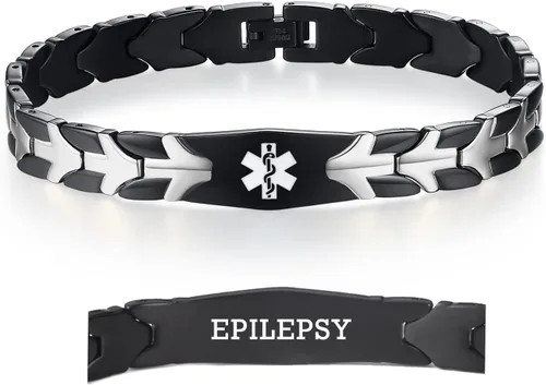 Vista 22 de LinnaLove Pulseras de alerta médica de pez volador para hombres y mujeres, pulseras médicas de acero inoxidable con grabado gratis, 8.5 pulgadas
