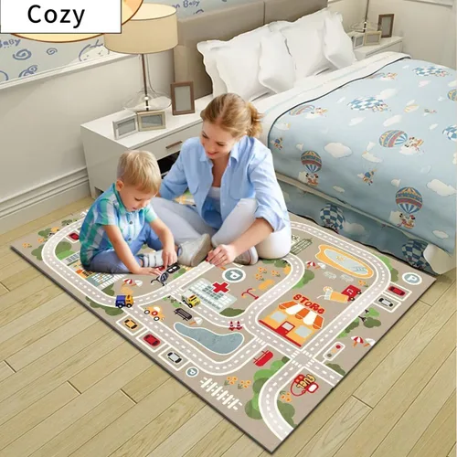 Vista 7 de Alfombra de juego para autos de juguete, alfombra para niños con carreteras para sala de juegos, alfombra de carretera de la vida urbana