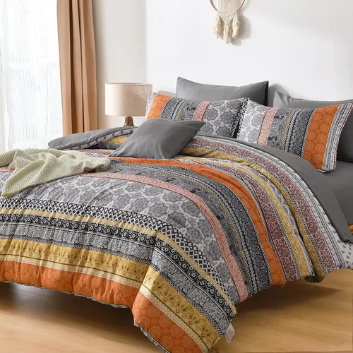 Vista 20 de Cottolester - Juego de edredón bohemio de tamaño matrimonial, 8 piezas, ropa de cama de microfibra suave en una bolsa, rayada y de color aguamarina