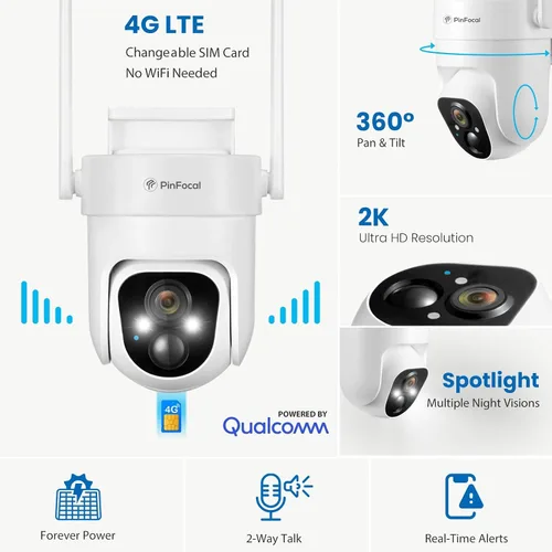 Vista 2 de Cámara de seguridad celular 4G LTE inalámbrica para exteriores, no necesita WiFi, visión nocturna a color 2K, panorámica/inclinación de 360°