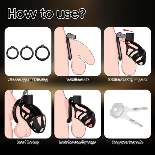 Vista 4 de Jaula de Castidad Masculina Juguetes Sexuales - Jaula Ligera para Pene Dispositivo de Castidad con Anillos de 3 Tamaños y Cerradura Invisible