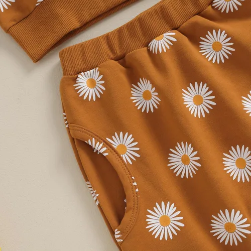 Vista 4 de CIYCUIT Conjunto de 3 piezas de sudadera de margaritas + pantalones + diadema, ropa infantil de otoño e invierno