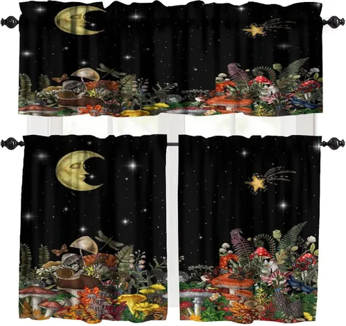 Vista 21 de Cortina de cocina de hongos, fresa con plantas verdes, flores silvestres, estrellas doradas, mariposa, dormitorio, comedor, cafetería, oficina, sala