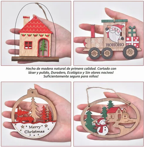 Vista 4 de IDATOO Adornos de Navidad, 12 piezas de decoraciones de árbol de Navidad de madera, juegos de adornos de Navidad rústicos de granja de estilo 3D