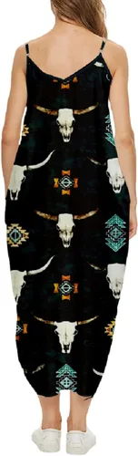 Vista 2 de Vestido largo de nativo americano con cuello en V y tiras indio nativo estampado 3D suelto vestido casual de verano