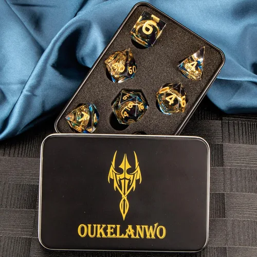 Vista 6 de OUKELANWO Magic Lord Rings - Juego de dados DND con caja, 7 piezas de dados LOTR D&D de resina para juegos de rol, dados azul dorado de Dungeons