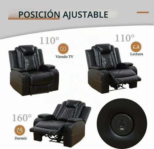 Vista 3 de Sofá reclinable de cuero con carga USB